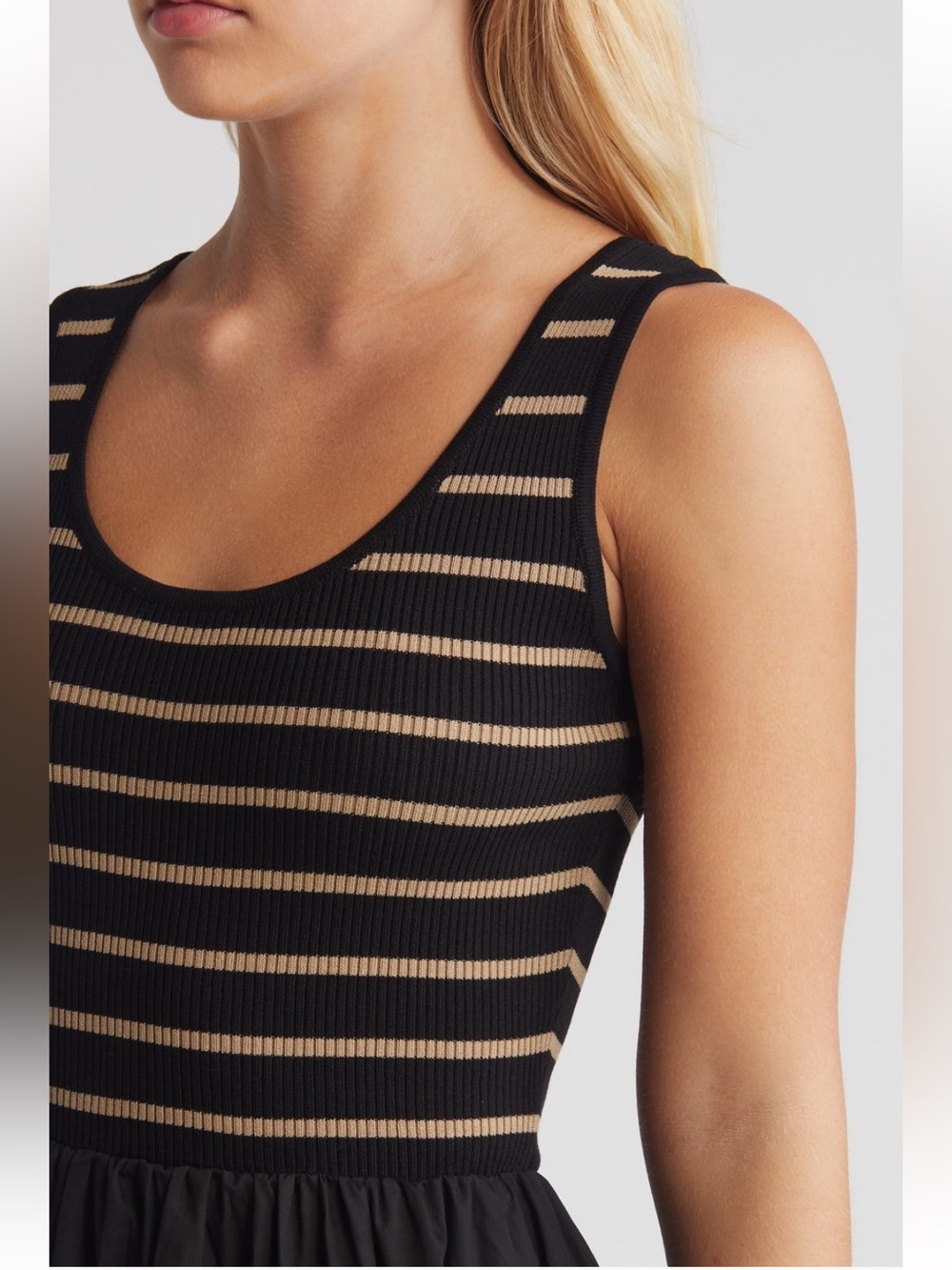 Moon River Stripe Bodice Mixed Media Midi Dress Black/ Tan Color Size Small - Picture 3 of 13